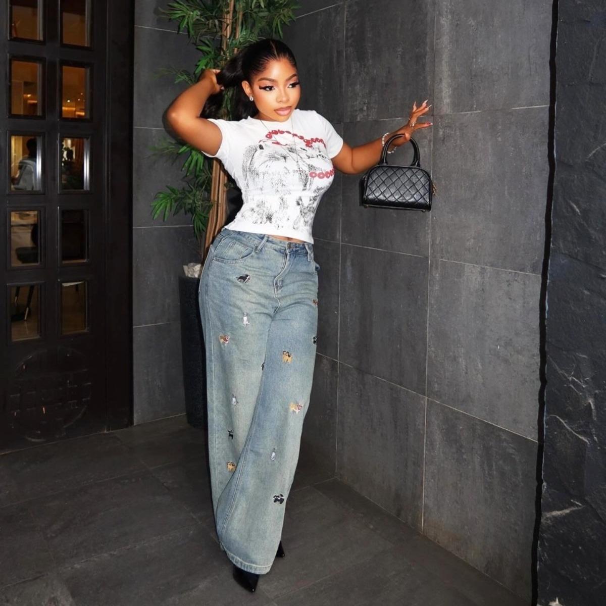 High Waist Straight Leg Embroidered Wide Leg Jeans Women s Luxury Street Style American Loose Fit Floor Length S