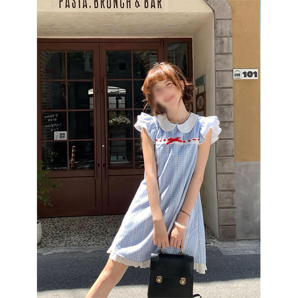 Sweet and cute little fly sleeve nightdress women's summer Japanese plaid lace edge doll collar dress loungewear set