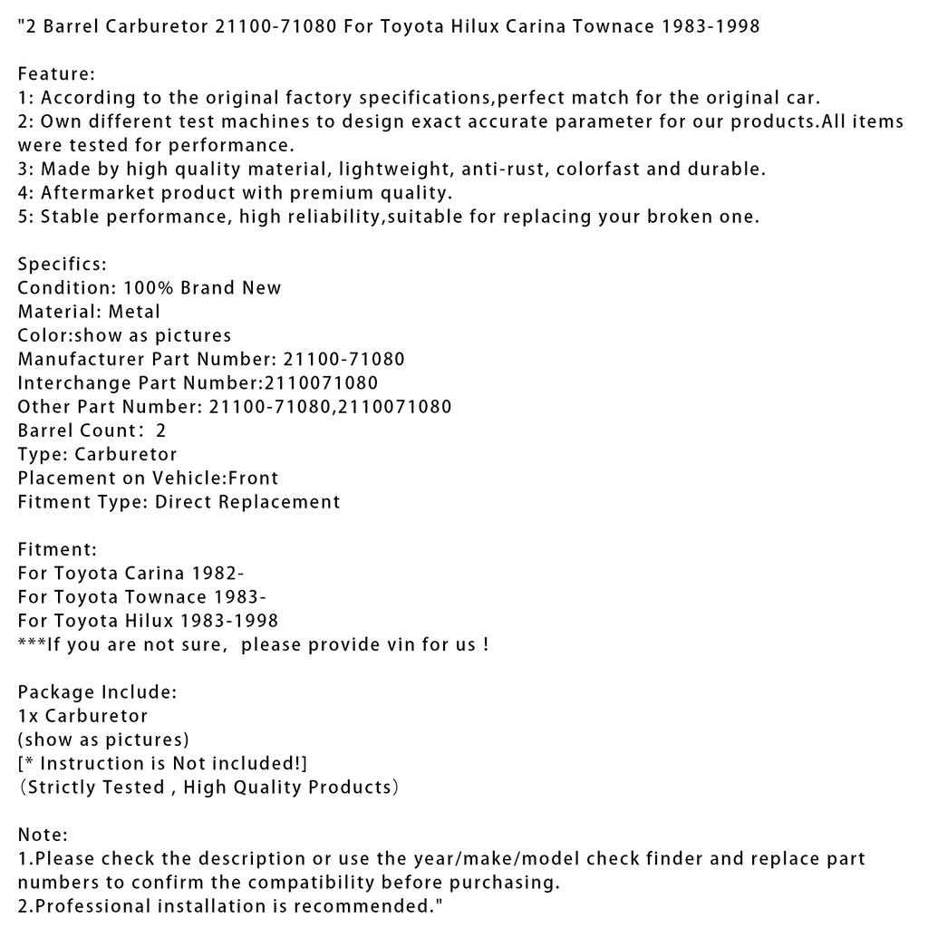 2 Barrel Carburetor 21100-71080 For Toyota Hilux Carina Townace 1983-1998