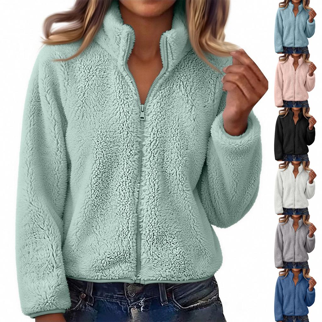 Women's Color Lined Zip Up Cardigan Jacket for Fall Winter Casual Wear