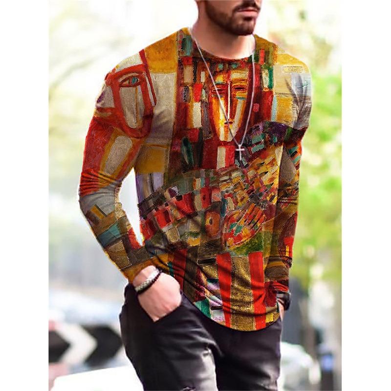 3D Gedrucktes Hip Hop Rock T-Shirt Für Männer Buntes Muster T-Shirts Frühling Herbst Freizeit Langarm Rundhals Oberteile Lockere T-Shirts
