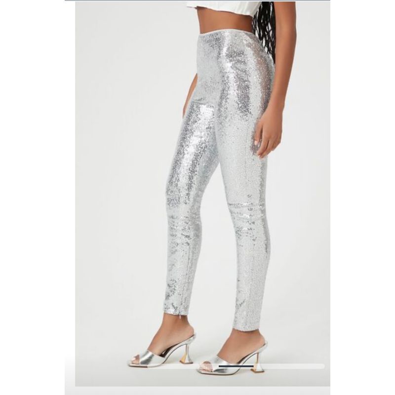 

Export Single 21 High Waist Slim Looking Sexy Sexy Sequin Waist Trimming Fashion Shiny Nightclub Calf Easiest for Match Women s Trousers Silver M