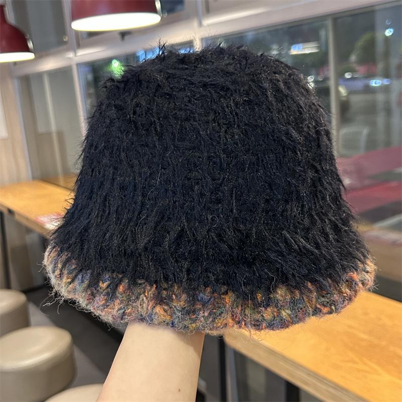 

Cute plush plain versatile bucket hat women s autumn and winter face covering warm wool hat new knitted fisherman hat Adult (56-58cm) чорний