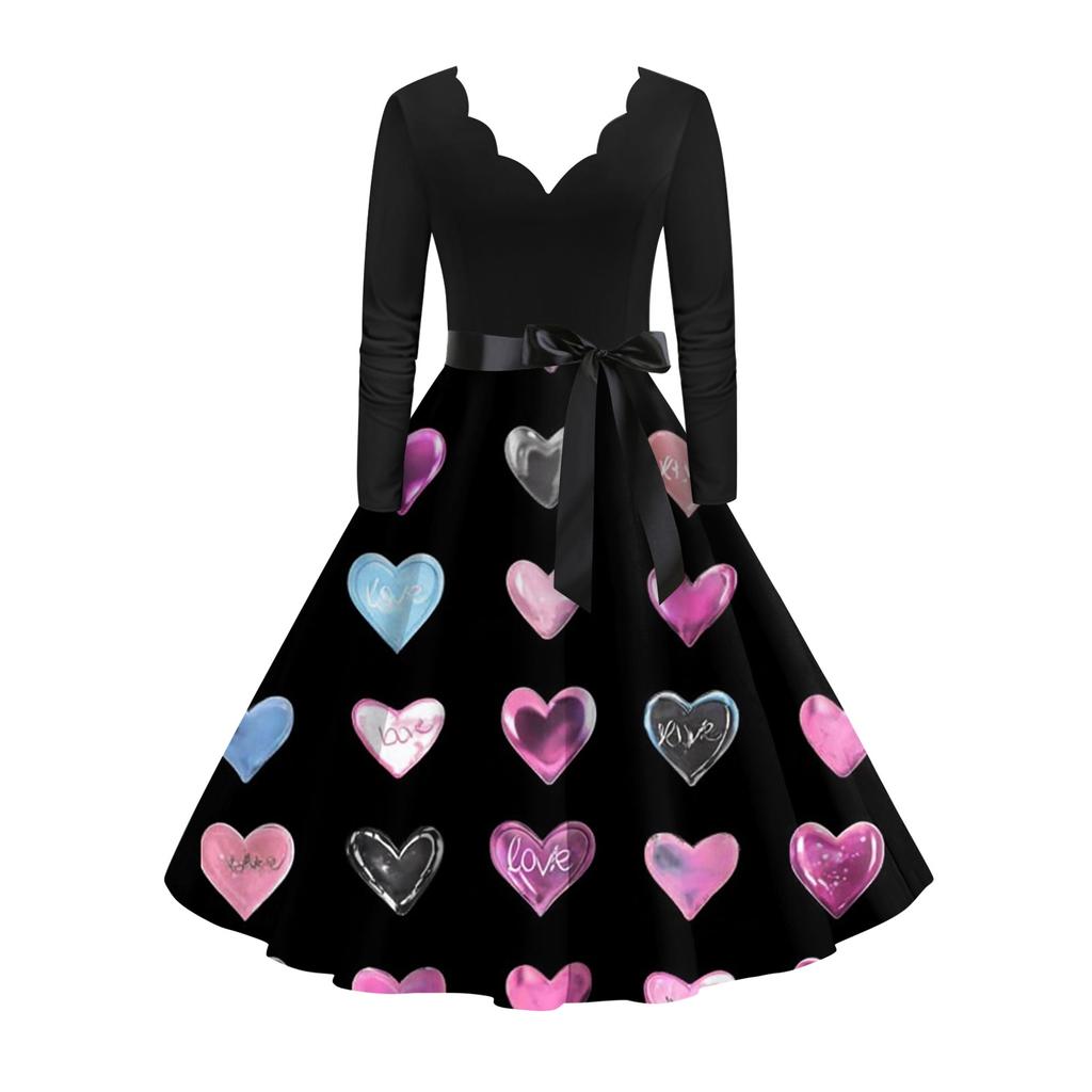 Women's stylish and elegant long,sleeved V,neck heart,shaped dress for Valentine's Day