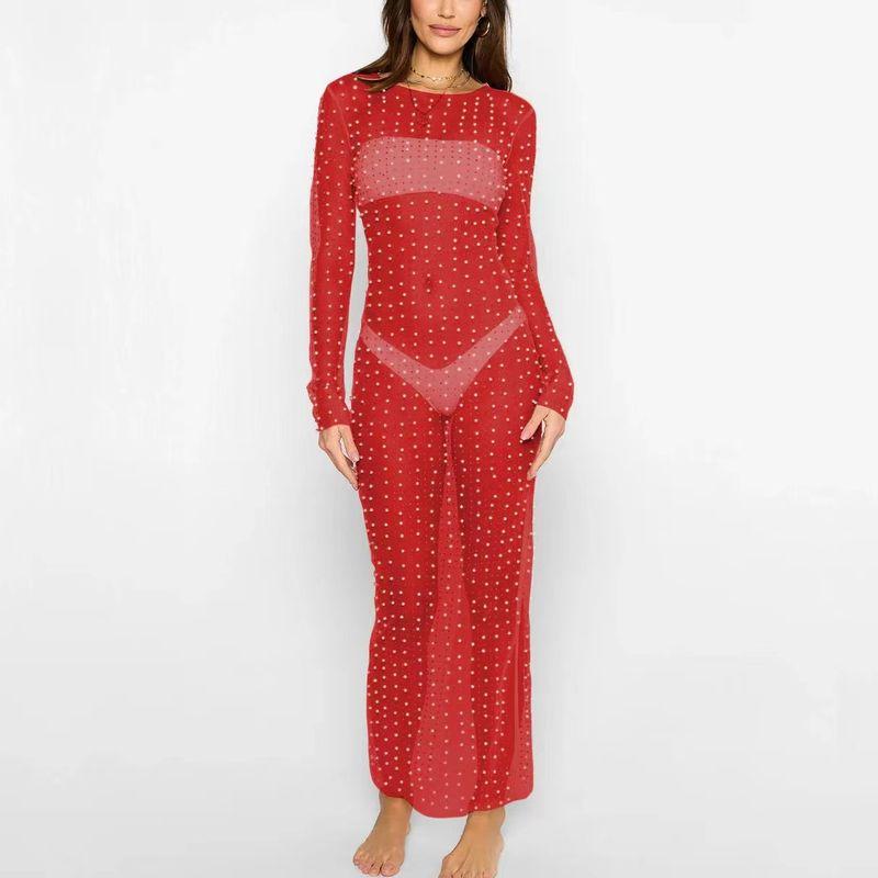 

Европейская и американская сексуальная блузка с бисером и стразами, платье с сетчатыми рукавами, платье из сетки с бисером и бриллиантами Red XL