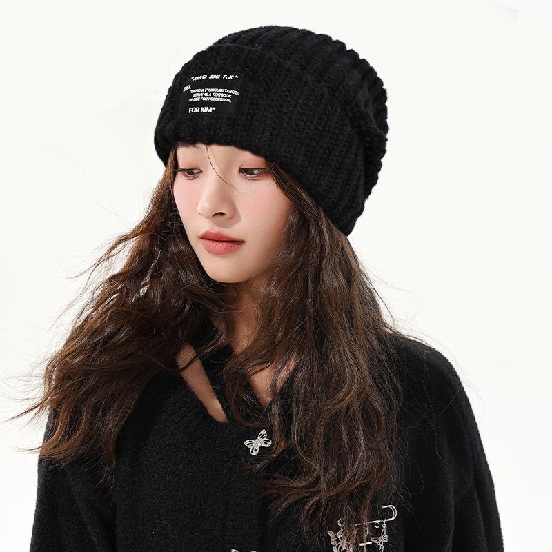 Hat Women's Autumn and Winter Trendy Patch Letter Wool Hat Men's Loose Big Head Circumference Warm Versatile Knitted Hat