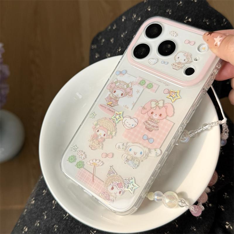 Cute HelloKitty Characters Clear Phone Case For iPhone 17 16 15 14 Pro Max Kawaii Pink Beaded Wrist Strap Protective Cover for G