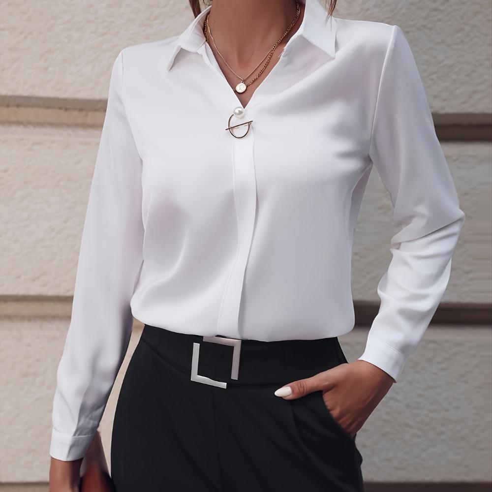 women s Slim Fit Solid Color Long Sleeve Blouse Elegant Commuter Shirt Office Wear Top S белый