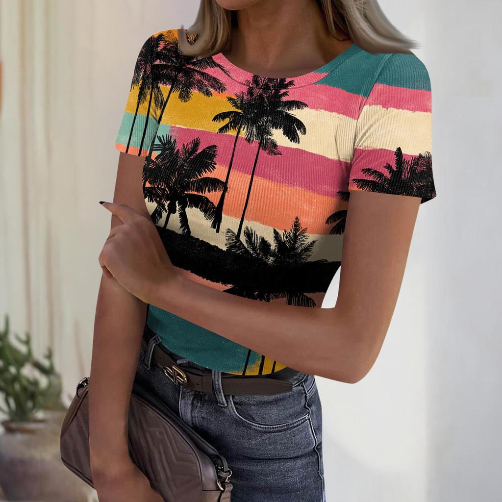 Women's Casual Fashion Round Neck Hawaiian Print Short Sleeve Ribbed Top