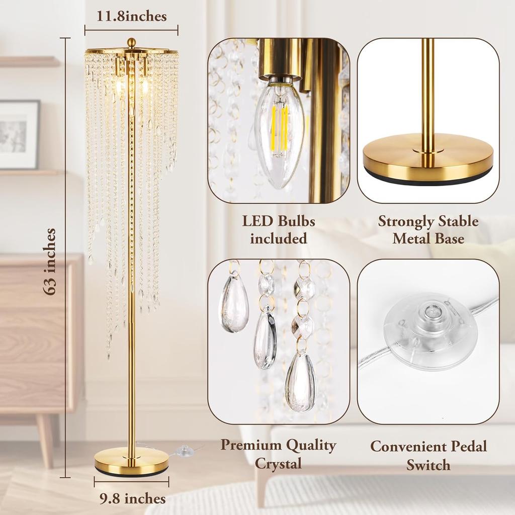 Gold Floor Lamp, 63' Tall, Modern Standing Lamp with Double-Layer Crystal Shade, LED (2700K), for Living Room, Bedroom, Office