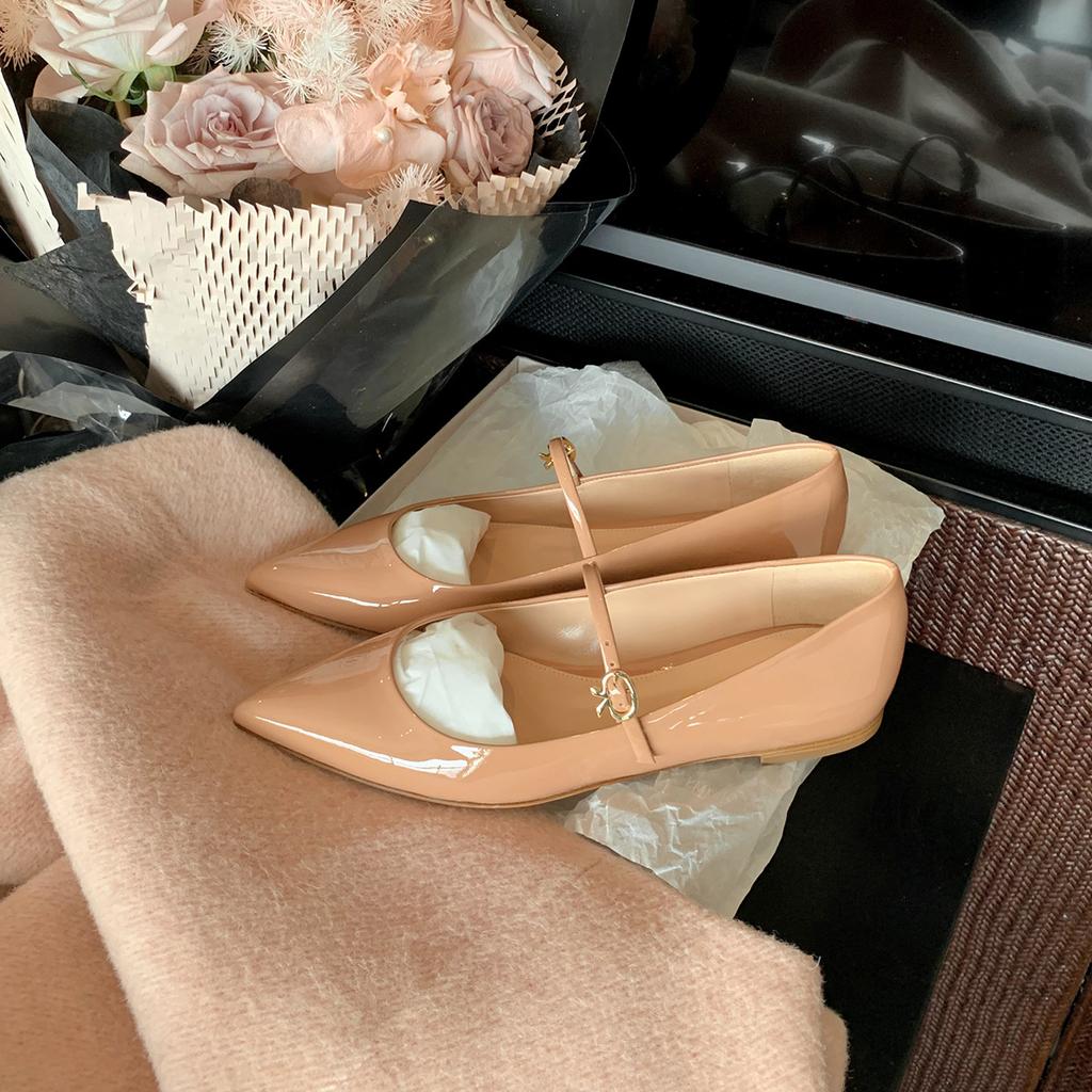 Sheepskin~ Grape mother temperament versatile pointed shoes, thin word with shallow mouth Mary Jane shoes women's flat shoes