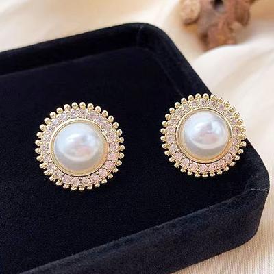 Korean Fashion Crystal Round Stud Earrings Gold Color Metal New Arrival Women's Earrings Simulated Pearl Pendientes Mujer