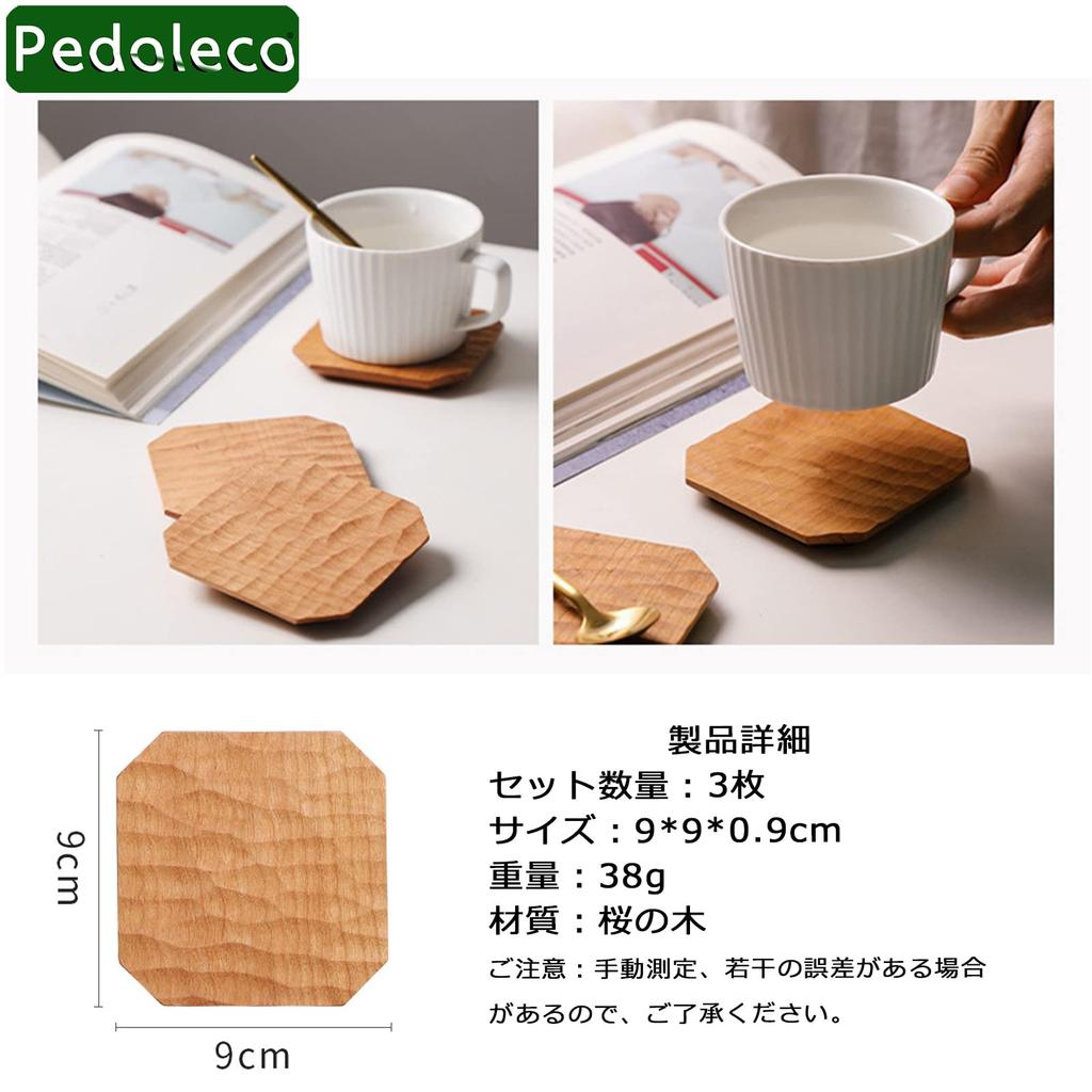 Pedoleco Wooden Coasters, Set of 3, Cherry Blossom Octagon Design, Handmade, Stylish Tea Trays, Dessert Plates, Thick, Waterproof, Decorative,