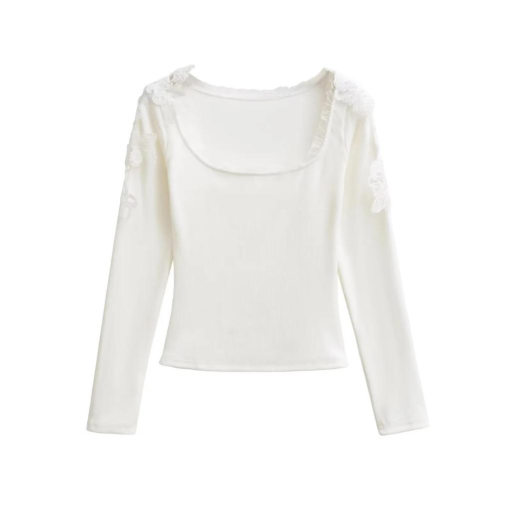 Pure Desire U-neck Lace Patchwork Fleece Long-Sleeve T-shirt for Women - Autumn/Winter Slim Fit Short Base Layer