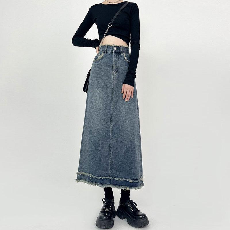 

Юбка из денима с необработанным краем и высокой талией, женская летняя юбка-бюстье в стиле ретро, грушевидной формы, с разрезом на бедрах, средней длины, облегающая, полуоблегающая, модная джинсовая юбка XXL джинсовый