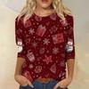 Women's Casual Christmas Print Three-Quarter Sleeve Round Neck Loose Fit Shirt