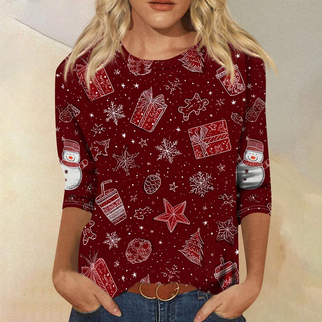 Women's Casual Christmas Print Three-Quarter Sleeve Round Neck Loose Fit Shirt