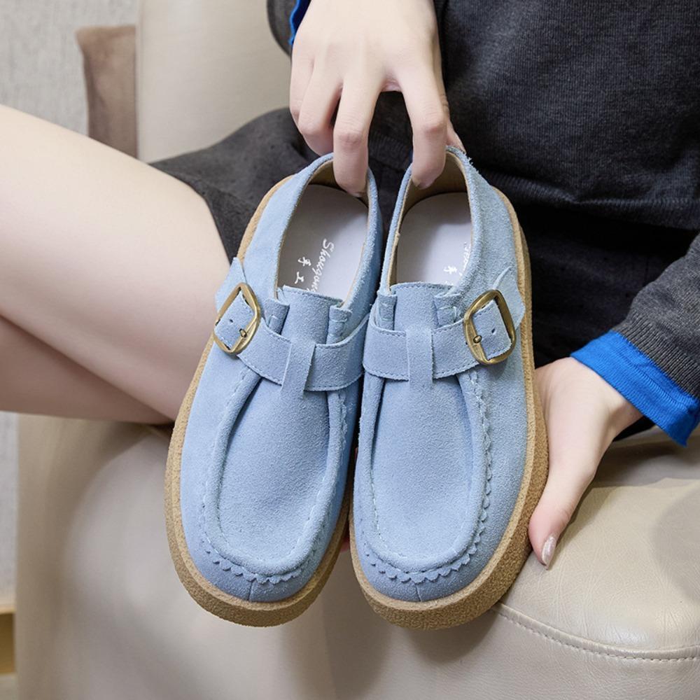 Women's Loafers Genuine Leather Woman Shoes Spring New Matte Leather Casual Shoes Women's Platform Belt Buckle Women's Shoes