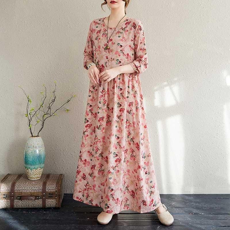 Vacation Style Travel Round Neck Vintage Long Flesh Covering Dresses
