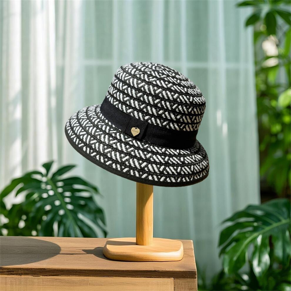 (One Size, Black) Womens Straw Sun Hat Elegant Patchwork Bucket Hat Summer Foldable Travel Cap for Outdoor Beach
