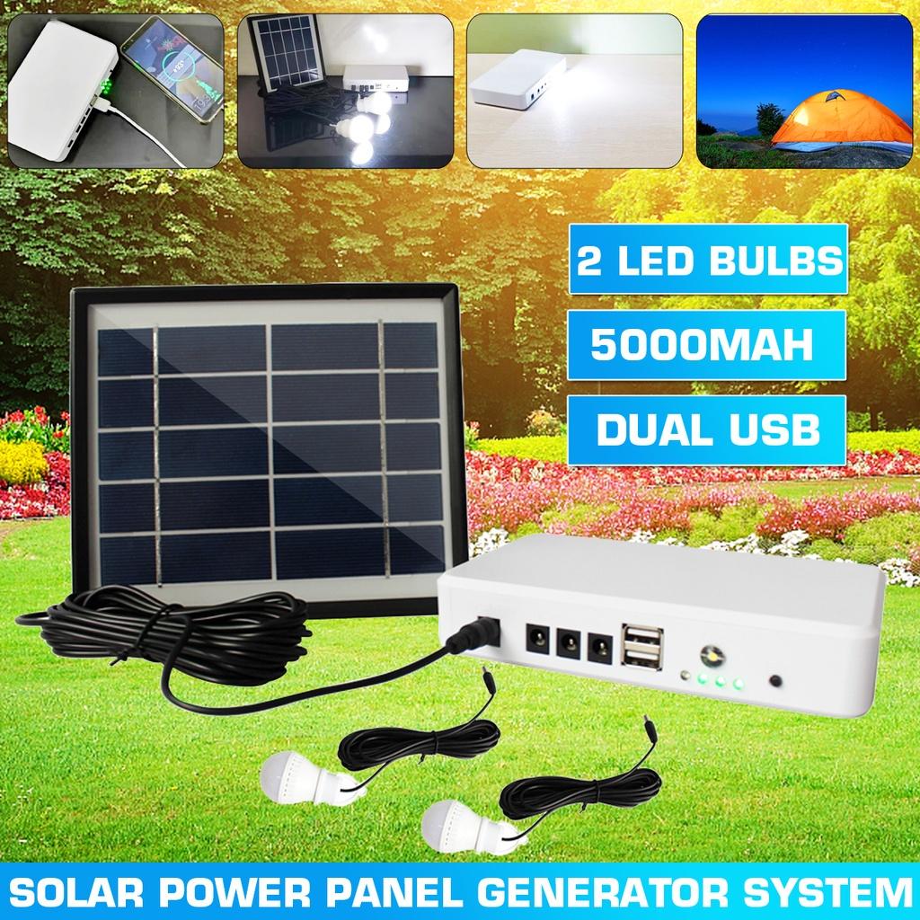 5W Solar Panel Generator Lighting Kit Set 5v USB Solar Charger with 2 LED Light Bulb Emergency Light +1.5A Output Phone Charger
