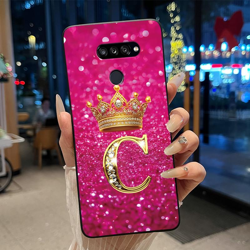 

Phone Case For LG K50S Bumper Silicone Black Case Superior Aesthetic Letter Glitter Crown Printed Shockproof Soft Cover LG K50S