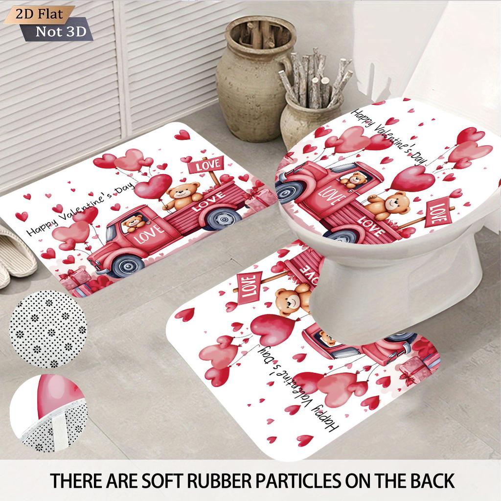 4pcs Valentine's Day Romantic Rose Flower Printed Bathroom Set Waterproof Shower Curtain Floor Mat Toilet Mat U-Shaped Mat