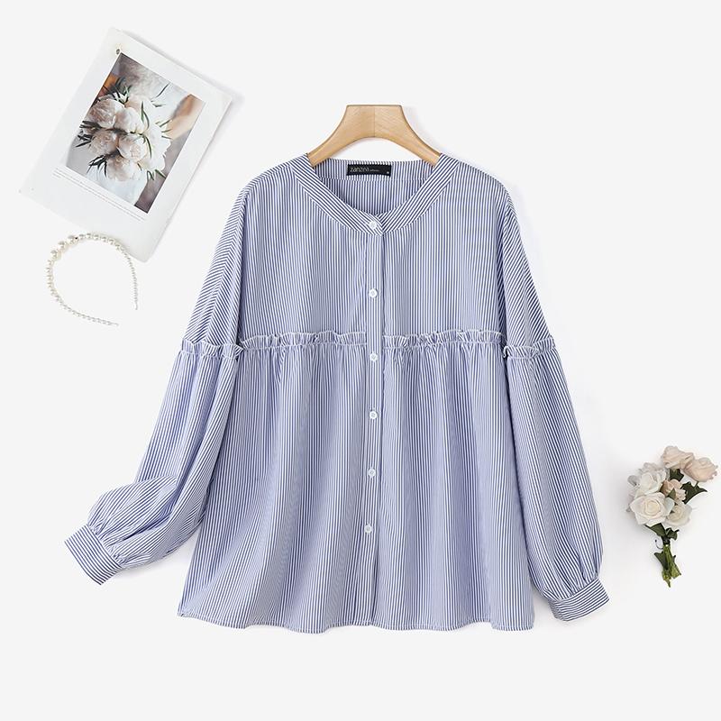 ZANZEA Women Casual Round Neck Loose Long Sleeve Stripe Blouse