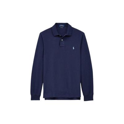 Polo FW22 Einfarbig Logo Bestickt Halbknopf Pullover Langarm Poloshirt Herren Oberteile Dunkelblau MNPOKNI16810128-B82