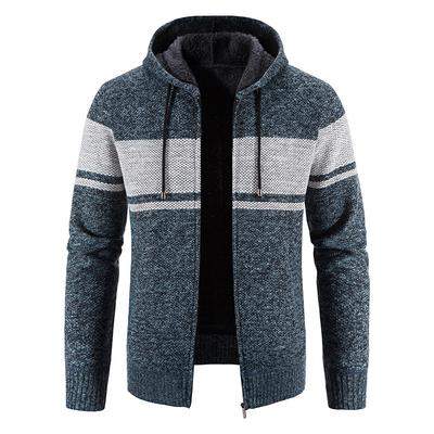 Nouveau Pull à Capuche en Velours Épais Tricoté Cardigan pour Homme Automne Hiver Bloc de Couleurs Fermeture Éclair Veste Décontractée