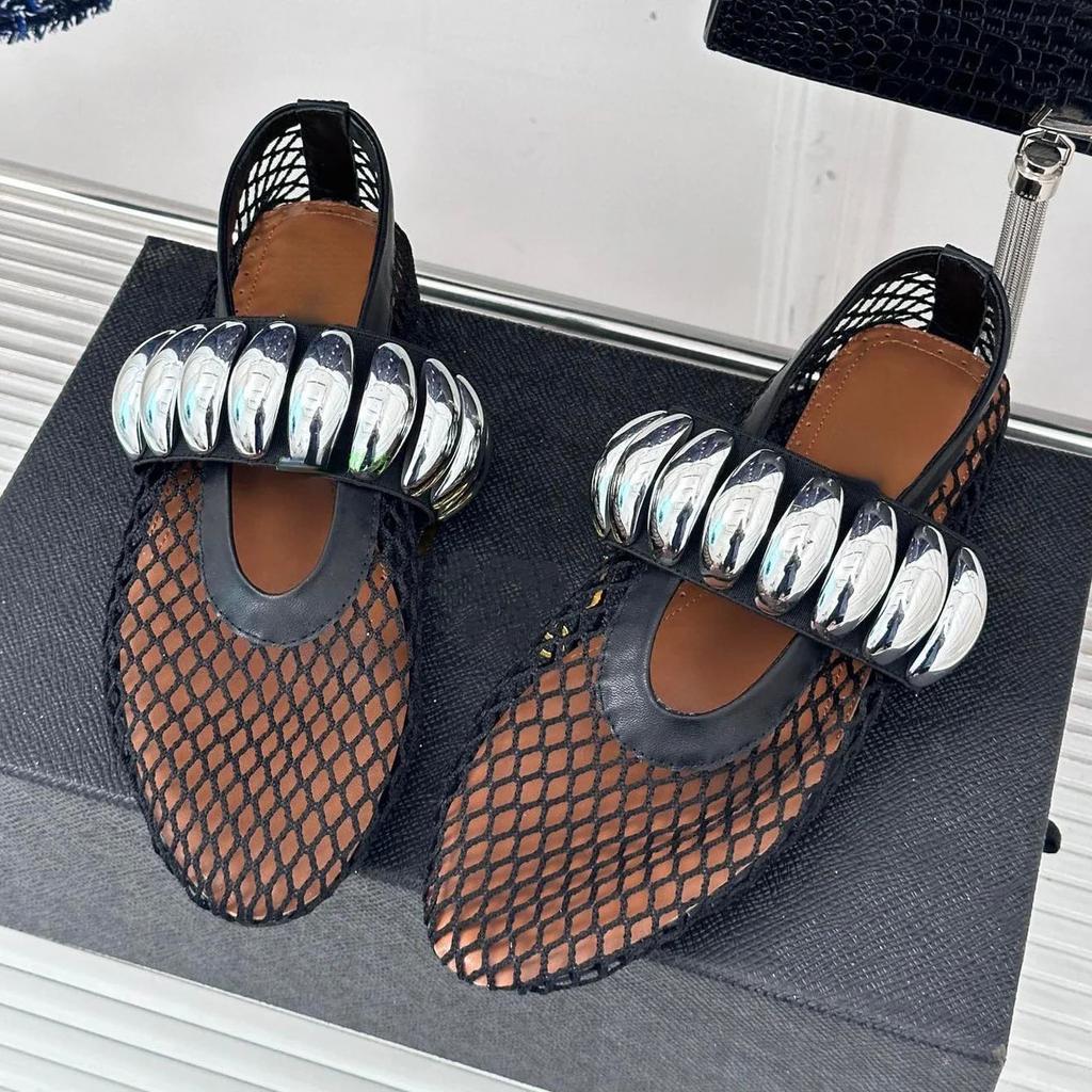 Fashion Metal Buckle Decoration Mesh Mules Flat Shoes for Women Summer Breathable Comfort Ballet Shoes Fashion Soft Sole Casual Shoes