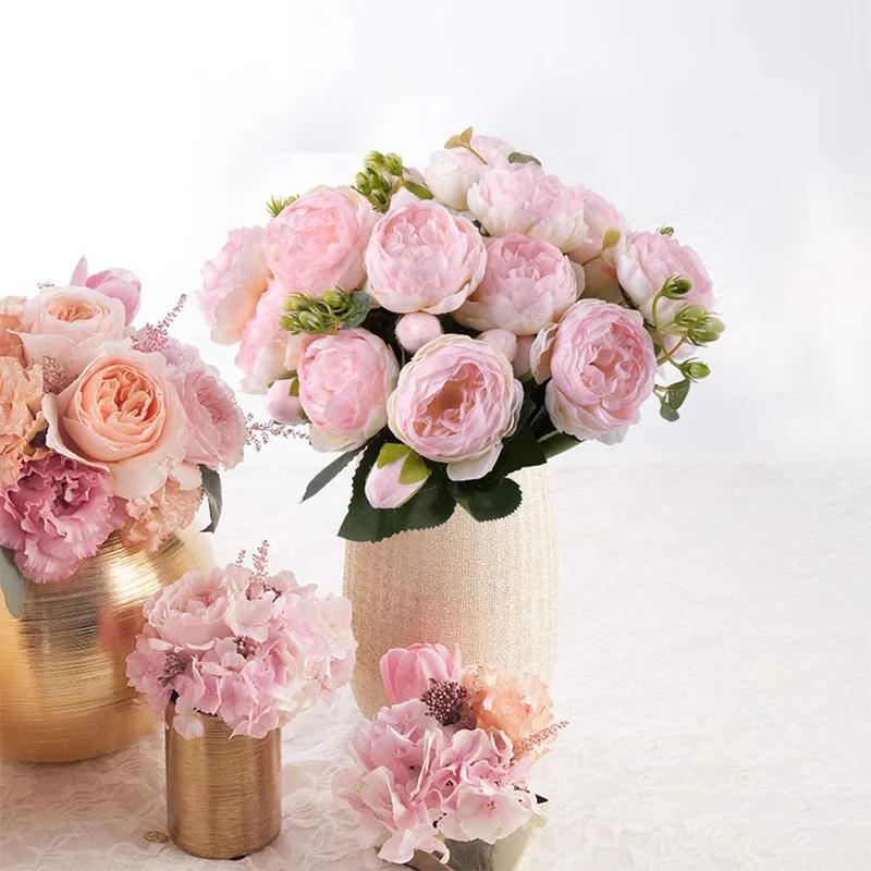 30cm Rose White Peony Artificial Flowers Bouquet 5 Big Head and 4 Bud Cheap Fake Flowers for Home Wedding Decoration Indoor