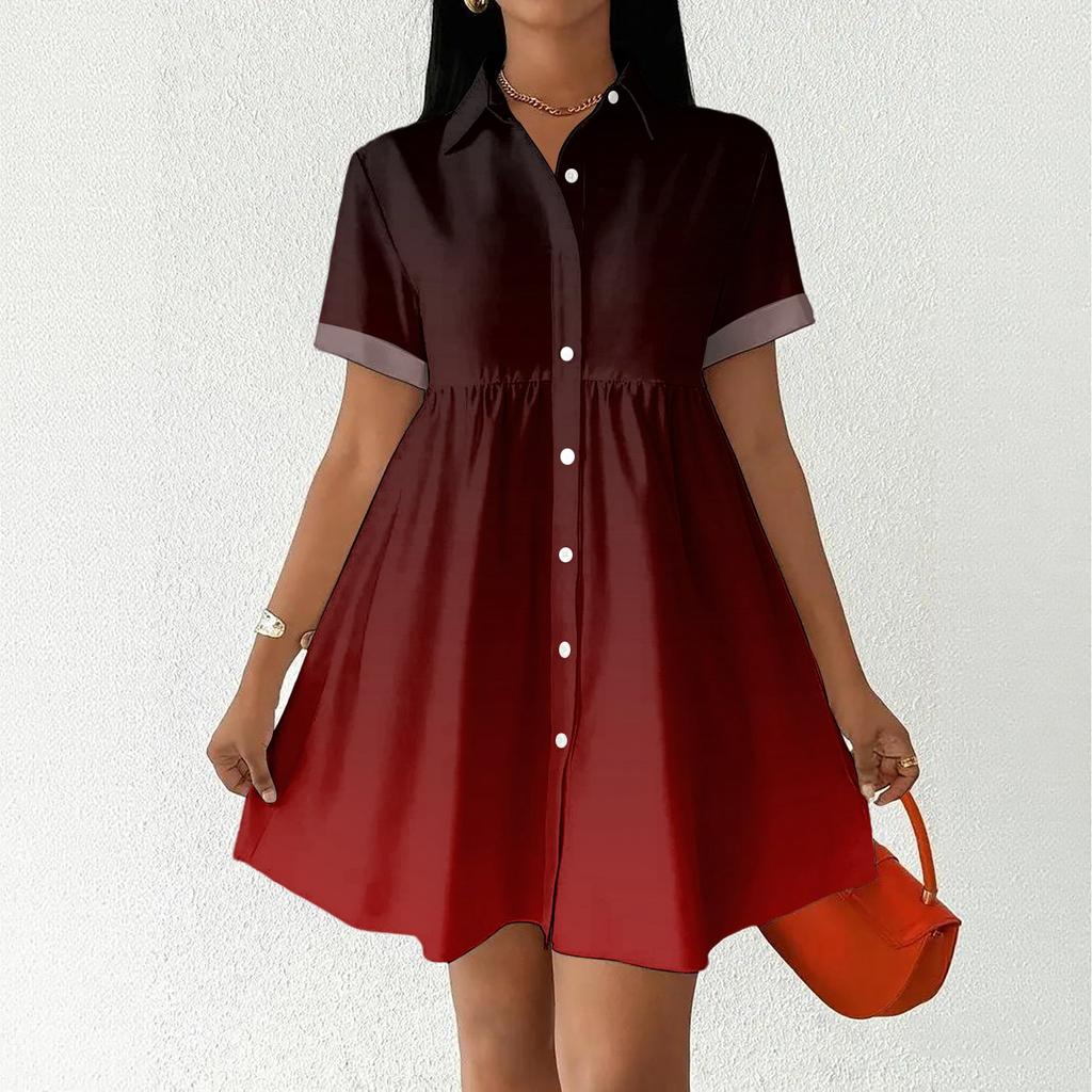Women’s Casual Loose Fit Shirt Dress Button Down Stand Collar Short Sleeve Gradient Print Fashion Tunic Dress