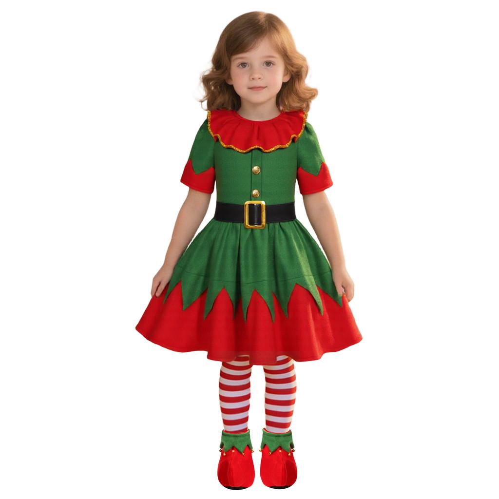 Kids Girls Santa Claus Xmas Green Elf Red Dress Hat Socks Sets Children Christmas New Year Cosplay Costumes Performance Role Play Outfit