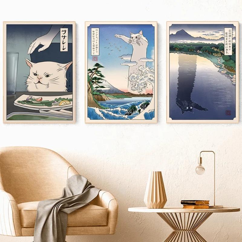 Japanische Poster und Drucke im Ukiyoe-Stil, Frau schreit Katze an, Leinwandgemälde, Vintage-Stil, Longcat-Wandkunst, Bilder, Heimdekoration, kein Rahmen
