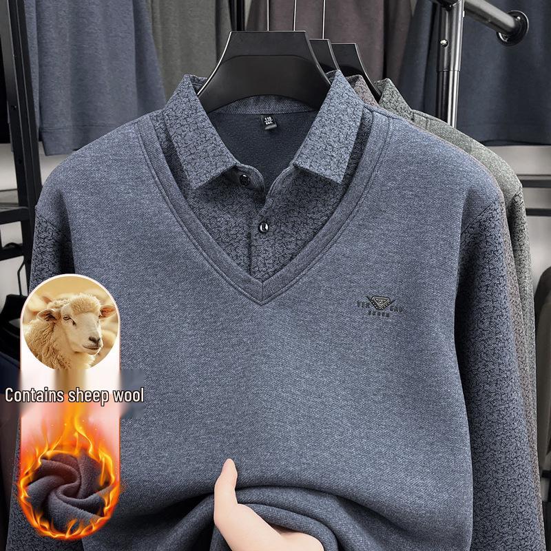 Herren Herbst/Winter Verdickter Samt Wolle Revers Zweiteiliger Lagenpullover für Mittleres und Älteres Alter
