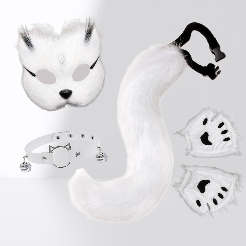 fox ears cos A Halloween set of plush gloves with animal claws, animal ears, and animal tails, along with a face mask and tail for women