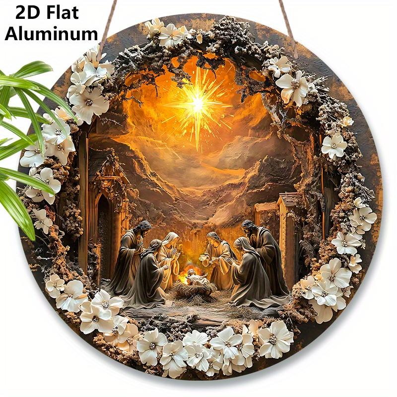

2D Flat Aluminium Nativity Christmas Sign - Charming Holy Night Figurine Ornaments - Aluminium Decorative Sign & Plaque - Ideal for Front Door, Wall 7.87×7.87inch