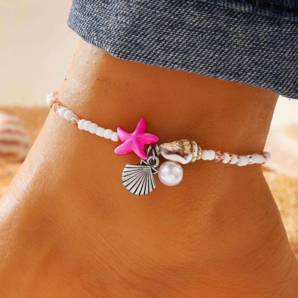 Amazon's new bohemian wind starfish shell conch rice bead anklet summer beach vacation wind