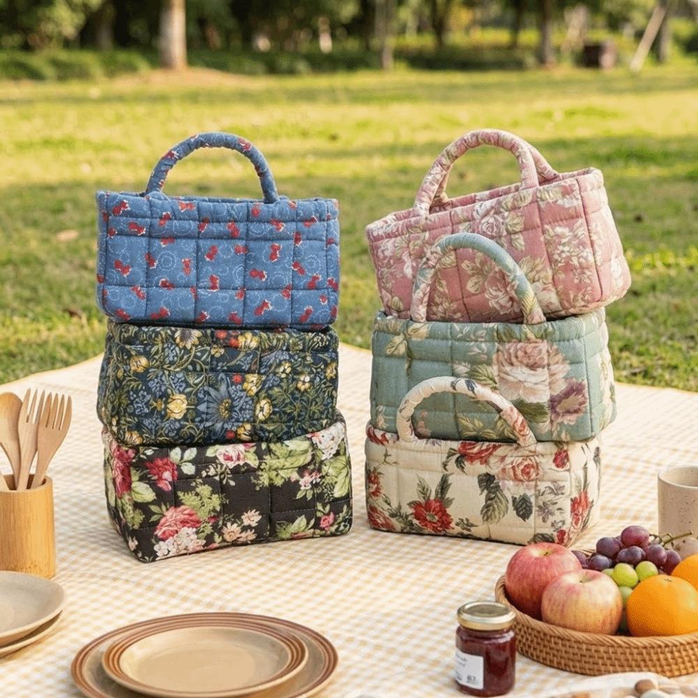 Floral Pattern Bento Handbags Patchwork Design Foldable Shopper Bag Portable Cotton Material Cosmetic Bag Home Textile Storage