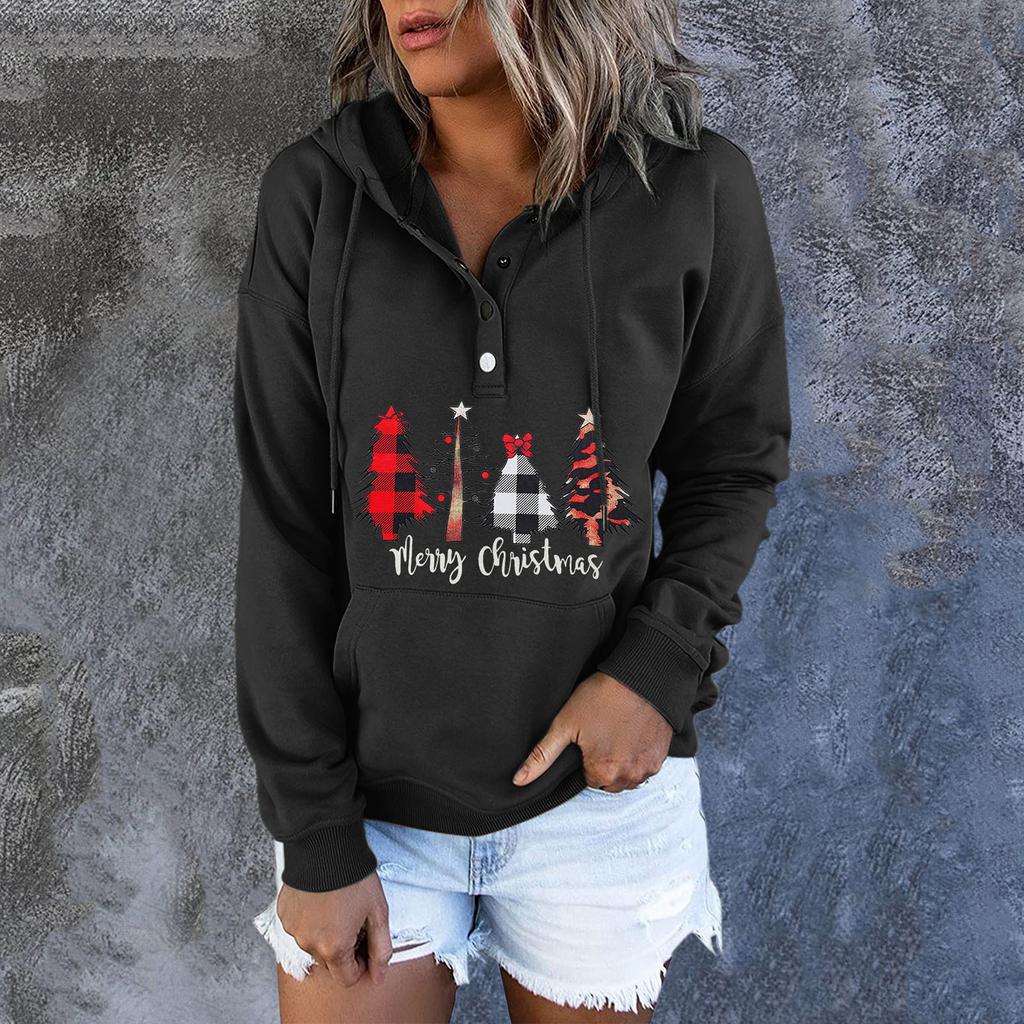 Women  Winter Casual Christmas Fashion Print Hooded Button Sweatshirt