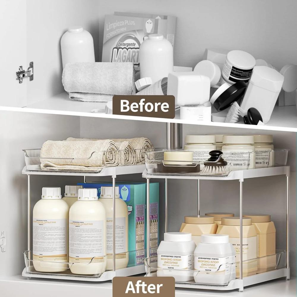 A 2-Tier Multi-Purpose Bathroom Cabinet Organizer, Pull Out Under Sink Storage Shelf Pantry Organization Kitchen Storage Shelf Set