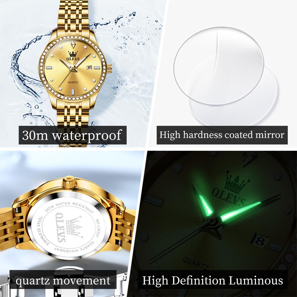 OLEVS 3625 Original Quartz Watch for Woman Diamond Dial Solid Steel Strap Waterproof Calendar Fashion Elegant Ladies Wristwatch