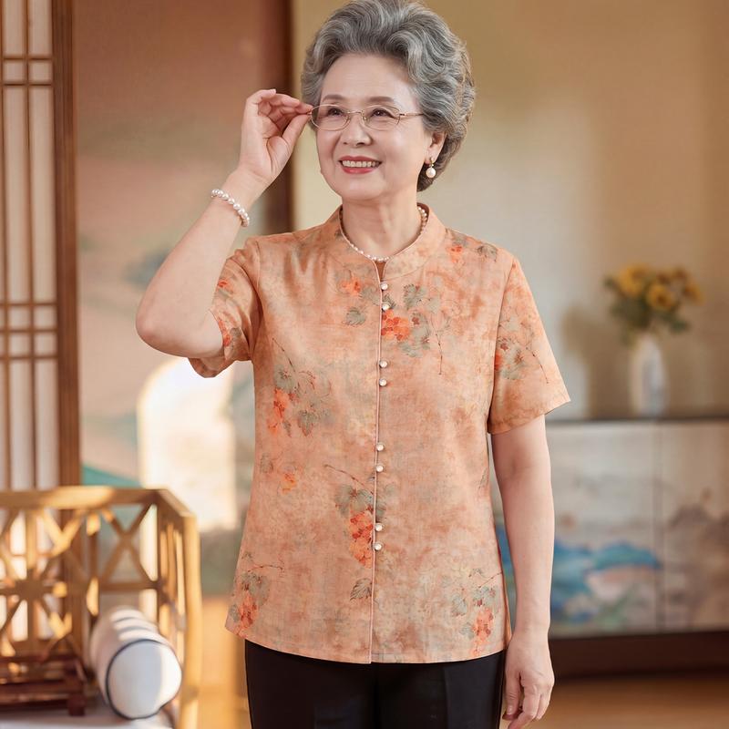 New Chinese Style Printed Shirt for Middle-aged Women 2XL