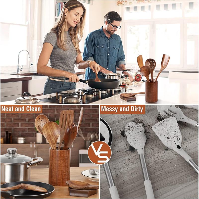 Lot de 10 Ustensiles de Cuisine en Bois de Teck Naturel Ensemble de Cuillères en Bois Spatule Ensemble d'Ustensiles de Cuisine Pour Cuisiner Pâtisserie Jt503