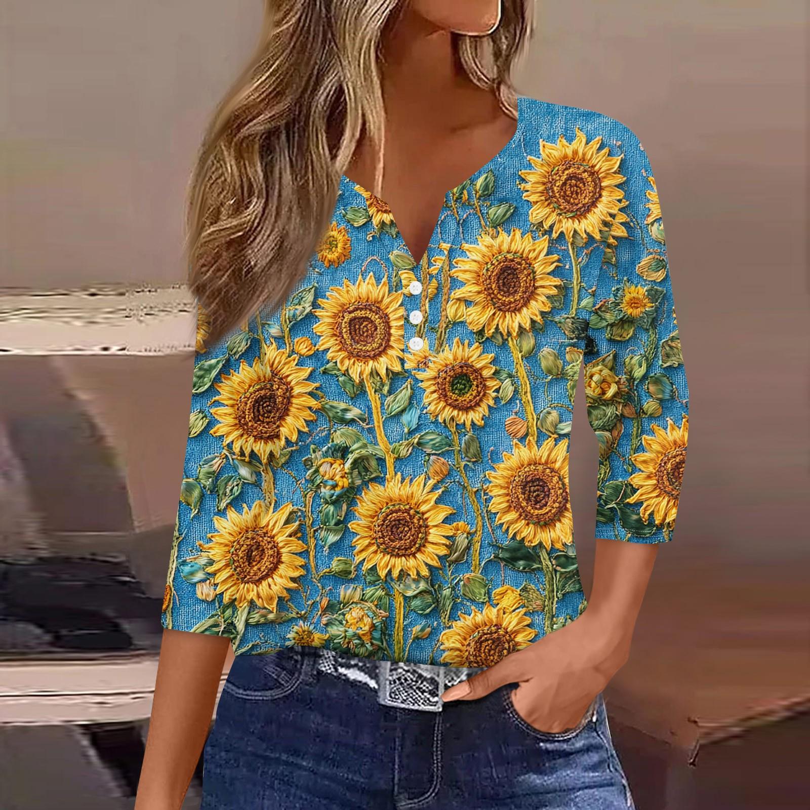 

Women s Fashion Casual Floral Print V-Neck Decorative Button Three-quarter Sleeve T-Shirt Top L синий
