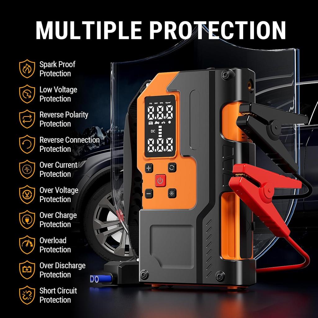 Car Battery Jump Starter with Air Compressor - 5000A 150PSI, 12V Portable Jump Starter with LCD Display & LED Light