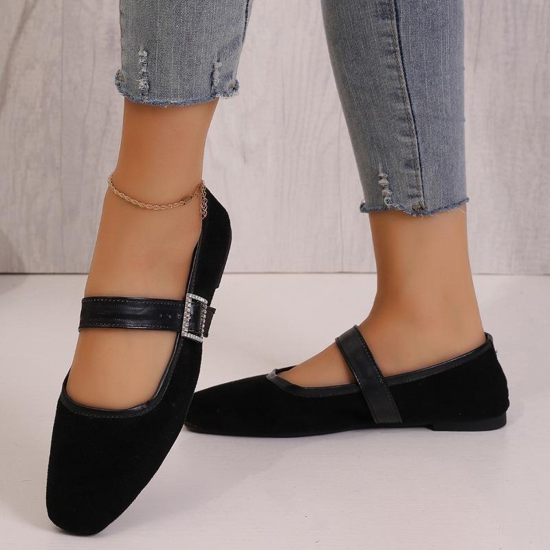 Women's Retro Suede Elegant Square Toe Pumps Flat Heel Single Shoes Women's Fall One Line Strap Low Heel Mary Jane Shoes
