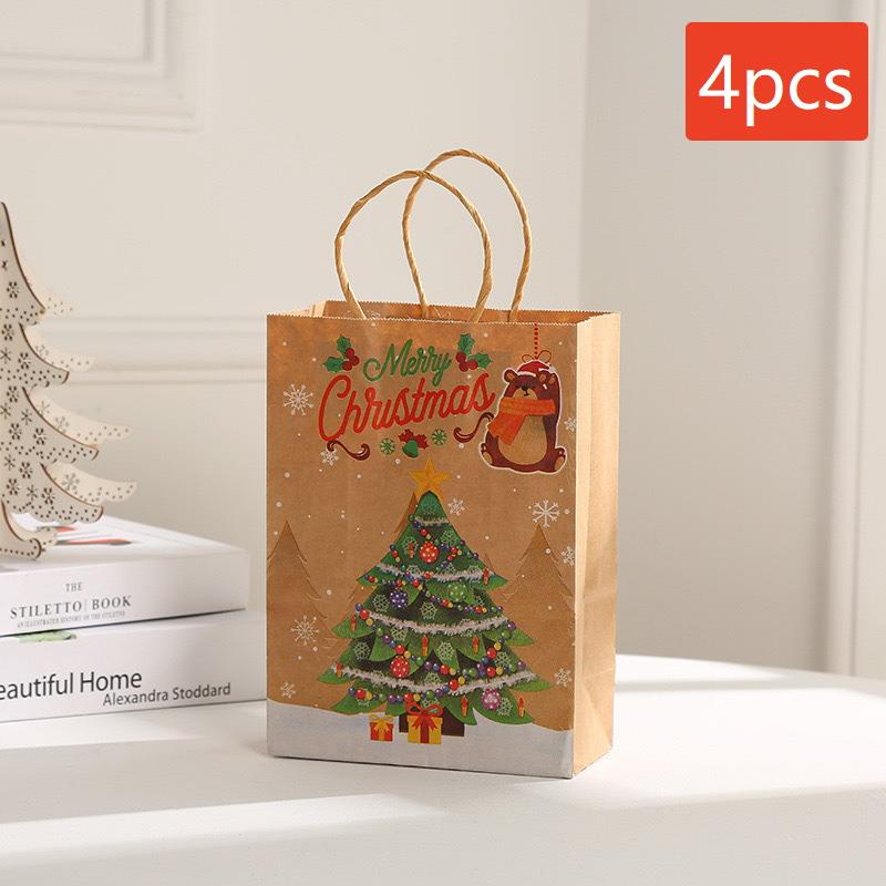4-Pack Small Christmas Gift Bags, Red Christmas Tree, Santa Hat, Portable Kraft Paper Bags, Party Bakery Store Gift Packaging