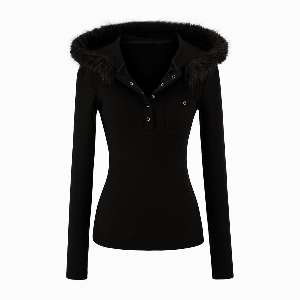 Damen-Kapuzenshirt in schmaler Passform mit Pelzkragen, stilvolles amerikanisches Design, perfekt für Herbst/Winter.